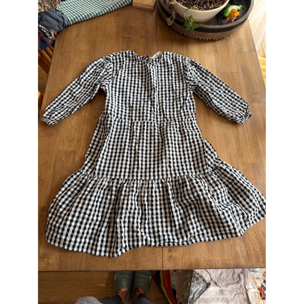 HM Girls Black White Gingham Tiered Long Sleeve Dress Size 12-14Y Pocket